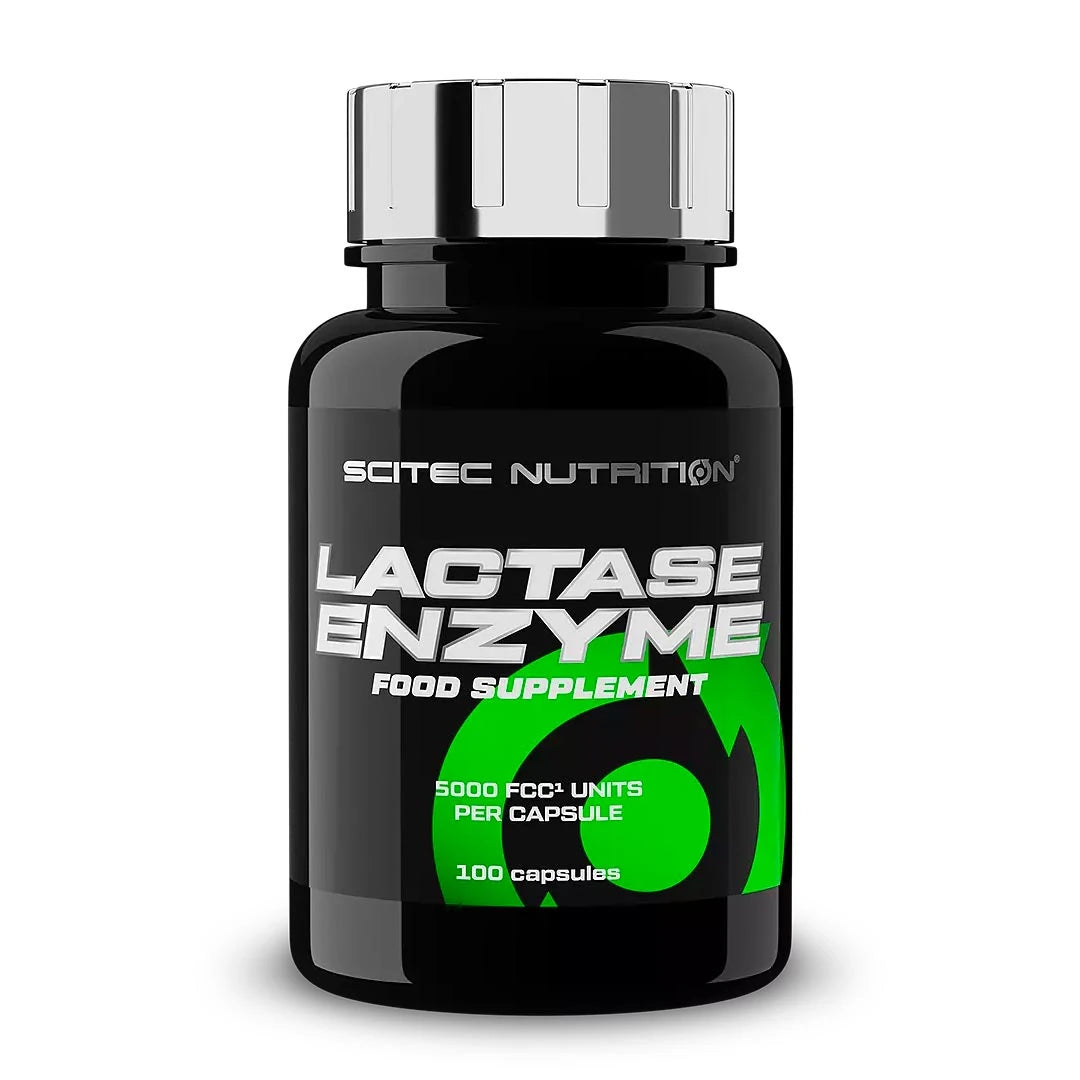 Scitec Nutrition Lactase Enzyme 100 caps i en svart burk med silvrigt lock och gröna detaljer på etiketten.