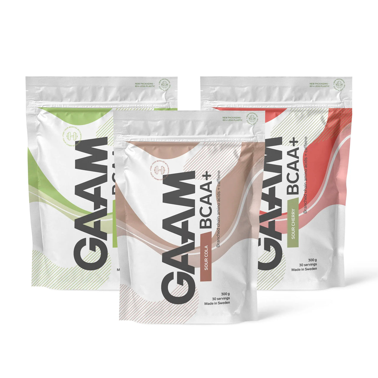 3 x GAAM BCAA + Caffeine 300 g aminosyror i tre vita påsar med färgade mönster för olika smaker.
