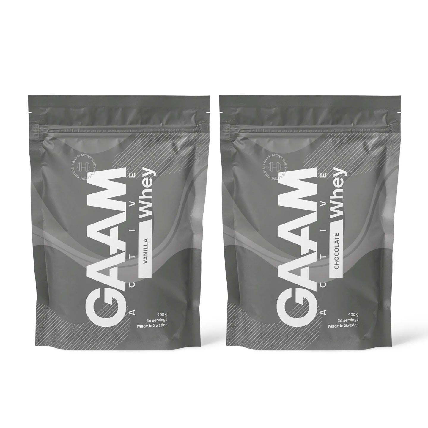 2 x GAAM Active Whey Proteinpulver 900 g i två gråa påsar med vit text för smakerna Vanilla och Chocolate.