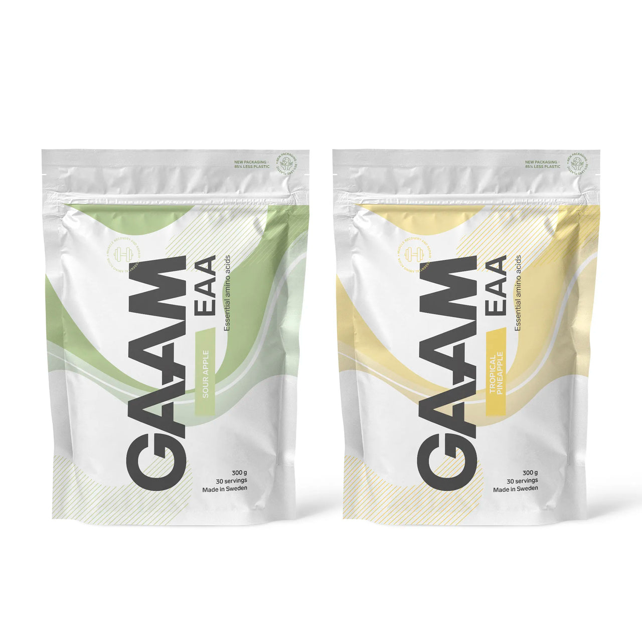 2 x GAAM EAA 300 g i två vita påsar med gröna och gula detaljer för smakerna Sour Apple och Tropical Pineapple.