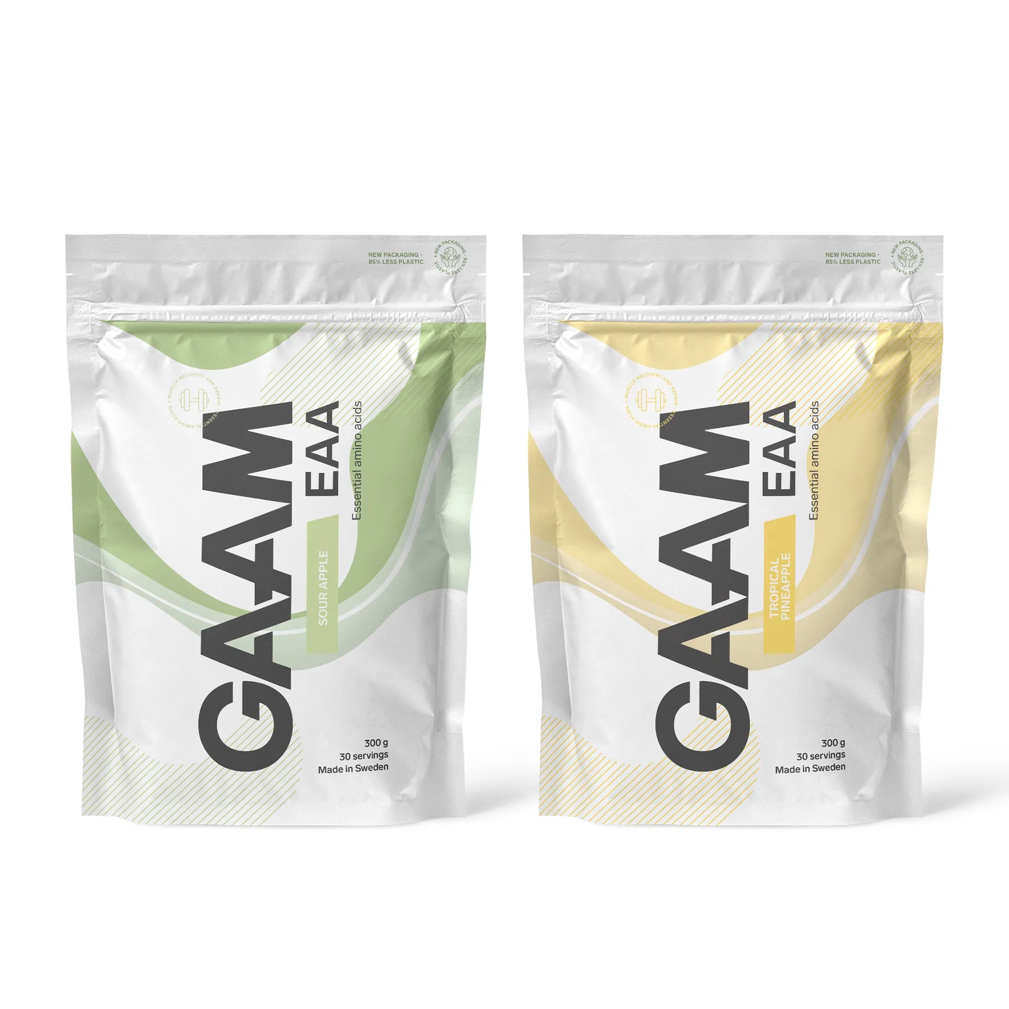 2 x GAAM EAA 300 g i två vita påsar med gröna och gula detaljer för smakerna Sour Apple och Tropical Pineapple.