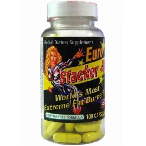 Stacker2 Stacker 4 100 caps fettförbrännare i en genomskinlig plastburk med svart etikett och synliga gula kapslar.