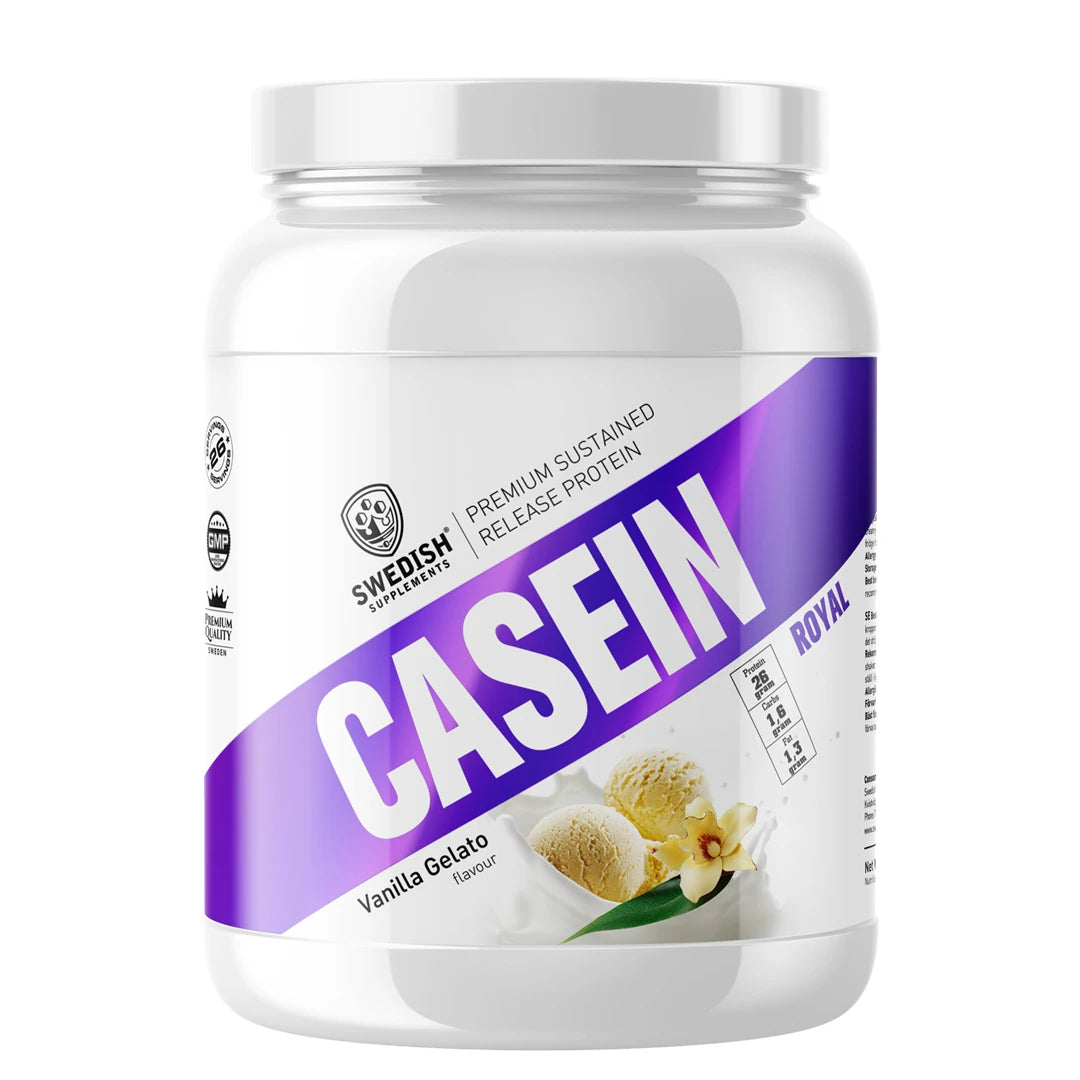 Swedish Supplements Slow Casein 900 g kaseinprotein i en vit burk med lila detaljer för smaken Vanilla Gelato Cream.