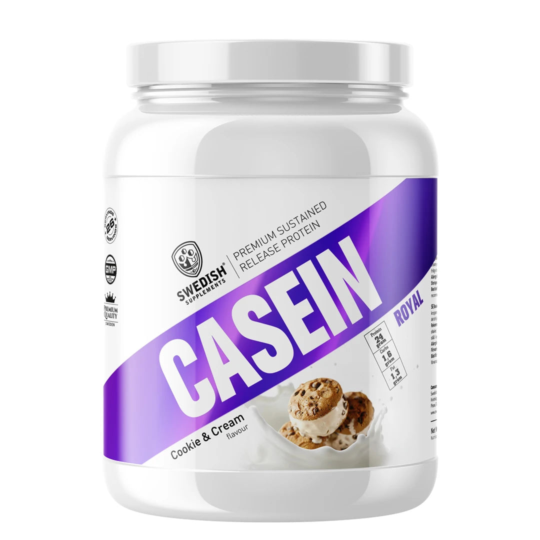 Swedish Supplements Slow Casein 900 g kaseinprotein i en vit burk med lila detaljer för smaken Cookies &amp; Cream., bild 3 av 3