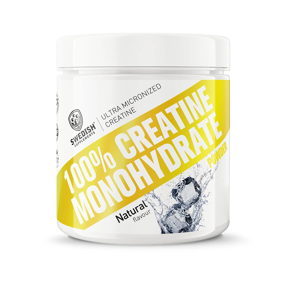 Swedish Supplements Creatine Monohydrate 250 g i en vit burk med gula detaljer och text för smaken Naturell.