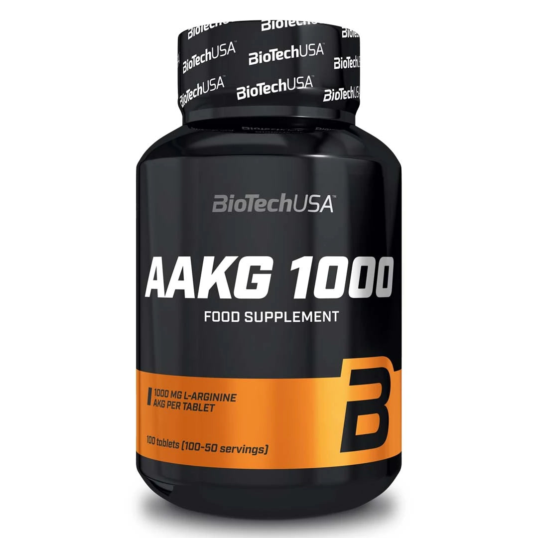 BioTechUSA AAKG 1000 100 tabs kosttillskott i en svart burk med orange detaljer och vit text.