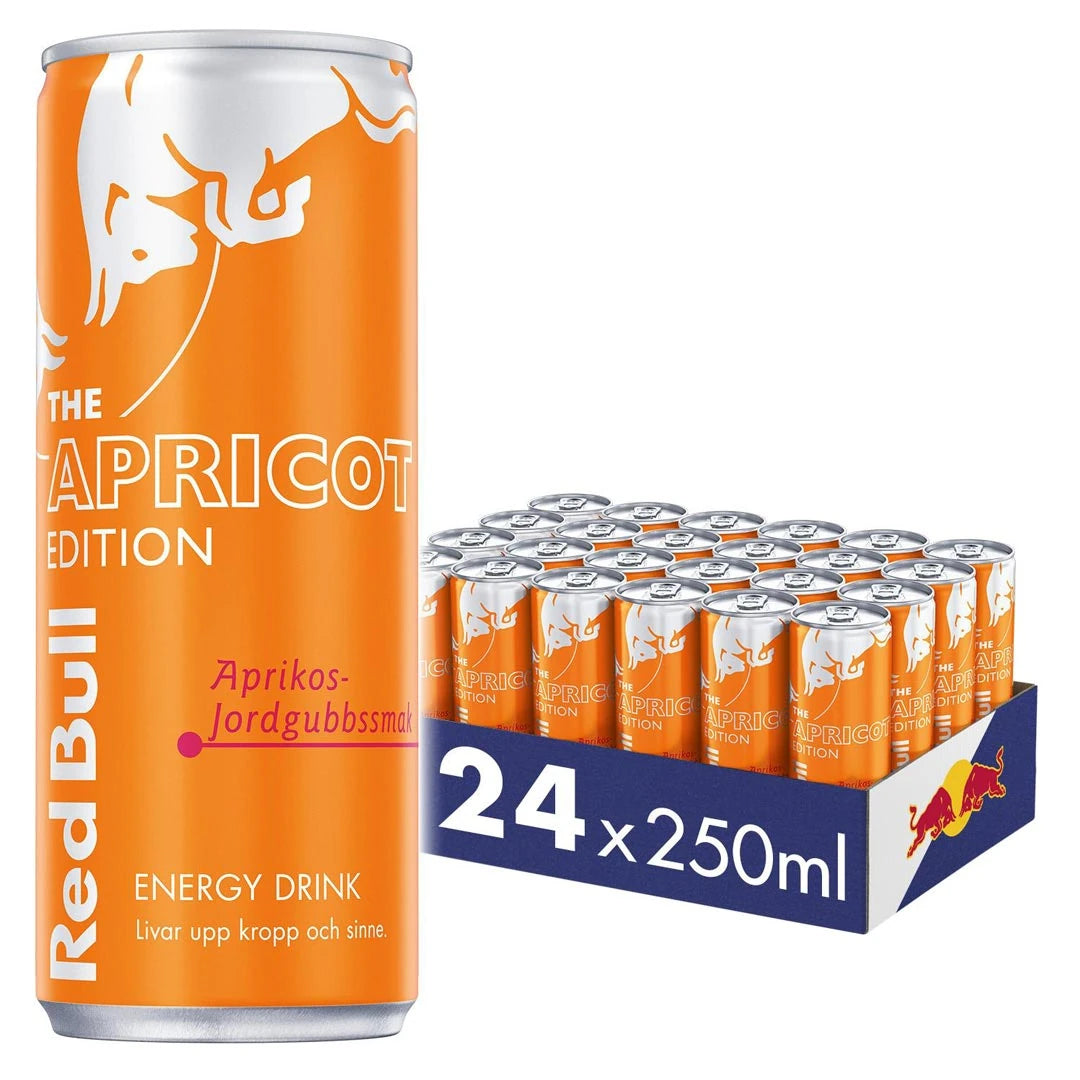 24 x Red Bull Energidryck 250 ml Apricot Edition - Aprikos Jordgubb i ett mörkblått flak med orangefärgade burkar.
