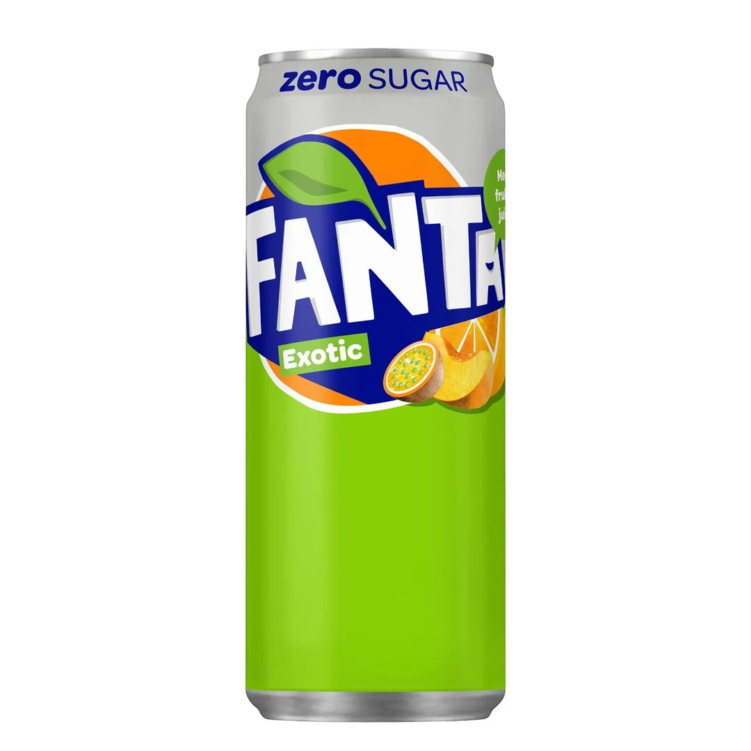 Fanta Zero 330 ml sockerfri läsk i en ljusgrön burk med smaken Exotic.
