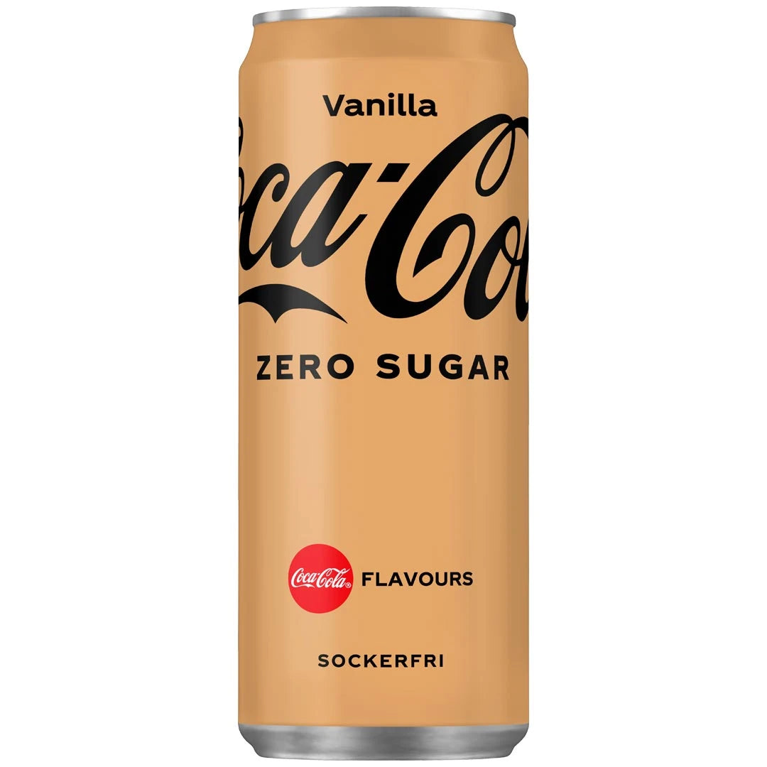 En ljusbrun burk med Coca-Cola Zero 330 ml i smaken Vanilla.