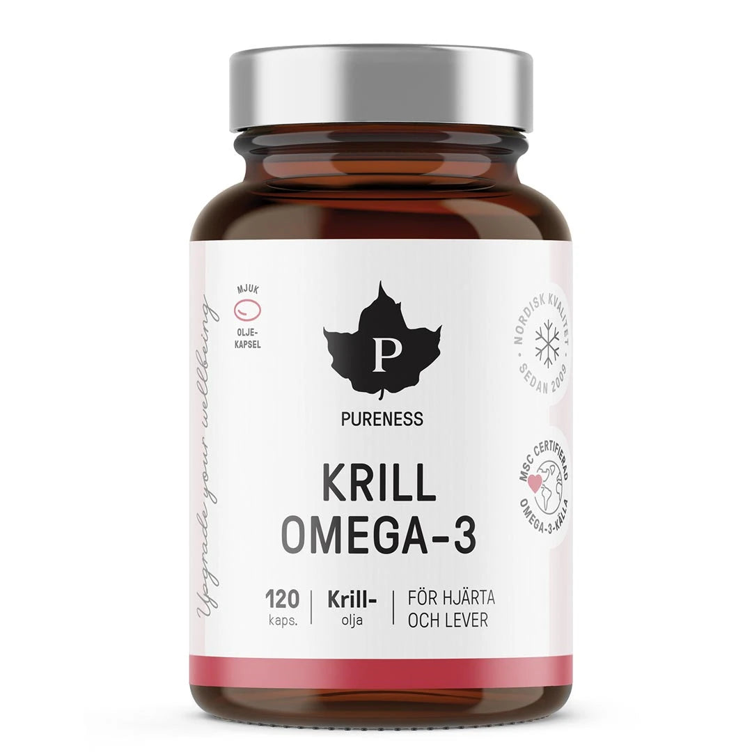 Pureness Krill Omega-3 120 caps kosttillskott i en brun burk med vit etikett och silverfärgat lock.