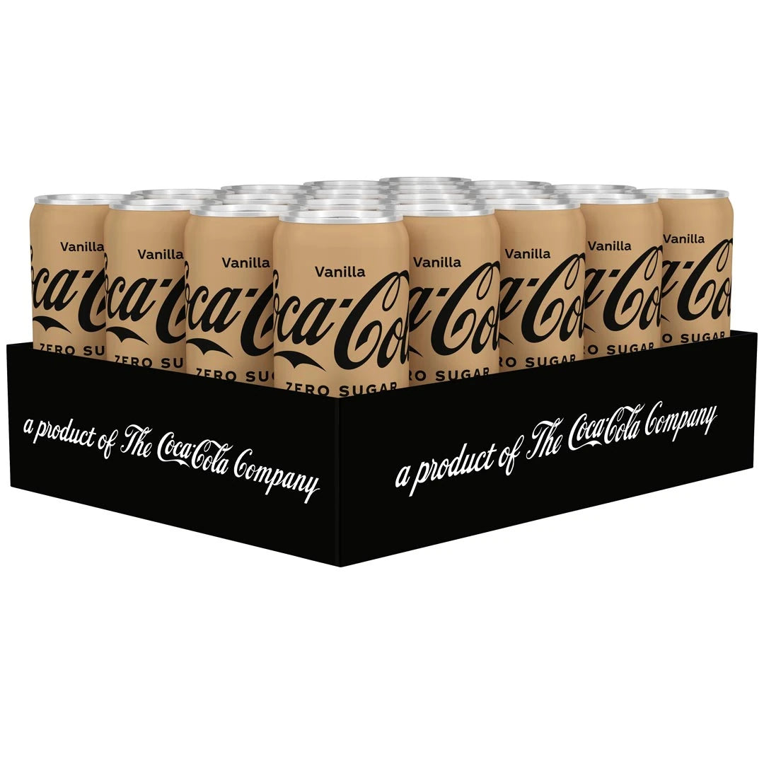20 x Coca-Cola Zero Vanilla 330 ml i ett svart flak med beigefärgade burkar för sockerfri läsk.