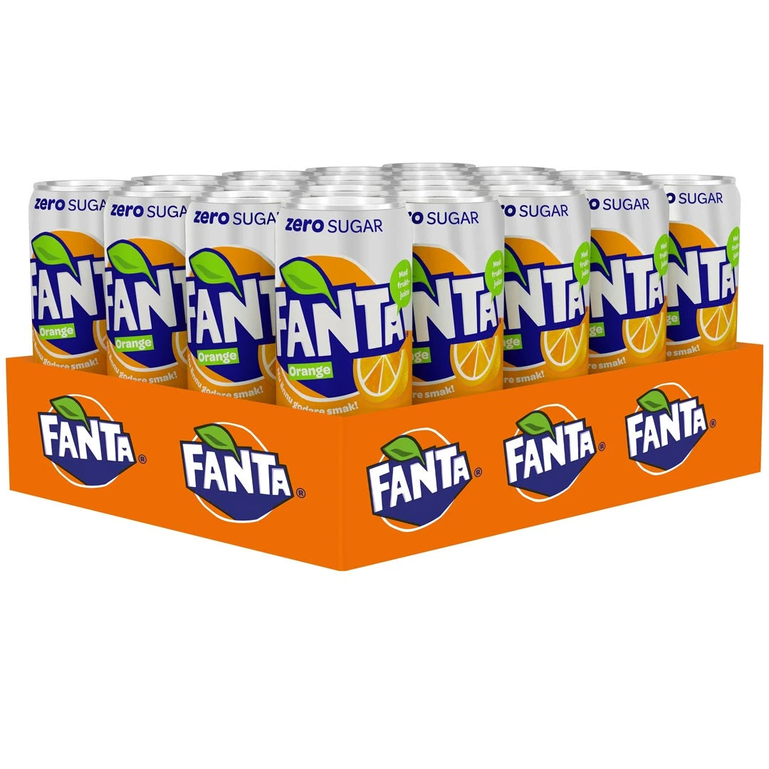 20 x Fanta Orange Zero 330 ml i ett orange flak med sockerfri läsk i vita aluminiumburkar.