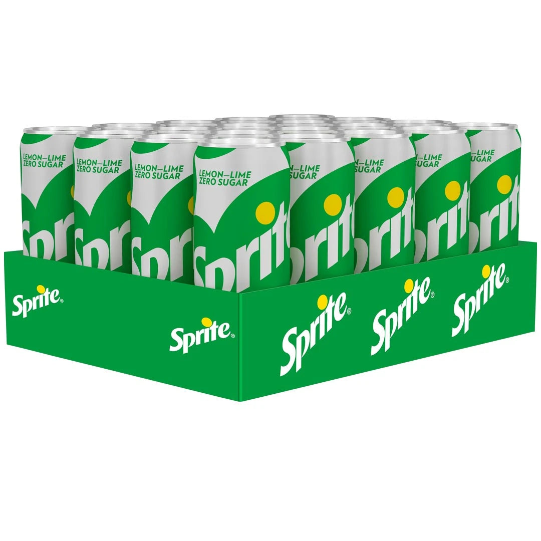 20 x Sprite Zero 330 ml sockerfri läsk i silverfärgade och gröna burkar presenterade i en grön kartong.
