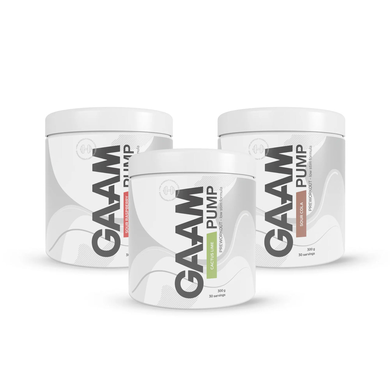 3 x GAAM PUMP 300 g prestationshöjare i tre vita burkar med smakerna Sour Raspberry, Cactus Lime och Sour Cola.
