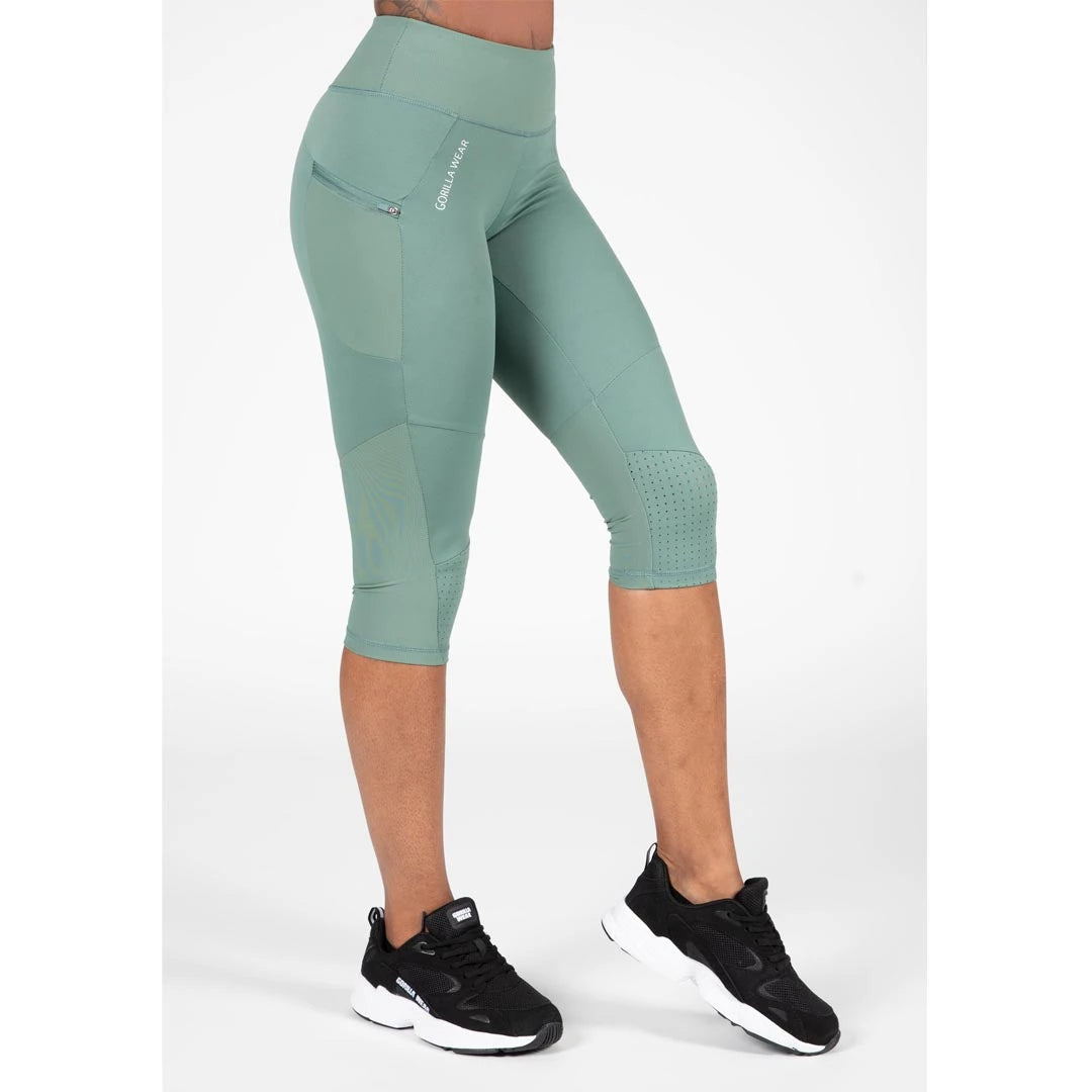 Gorilla Wear Monroe Cropped Leggings Army Green, gröna croppade träningstights med sidoficka och ventilerande mesh., bild 1 av 4