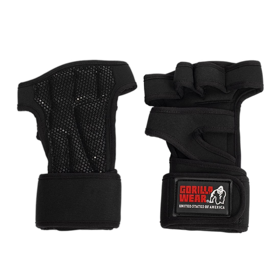 Gorilla Wear Yuma Weightlifting Workout Gloves Black, svarta träningshandskar med handledsstöd och röd logga.