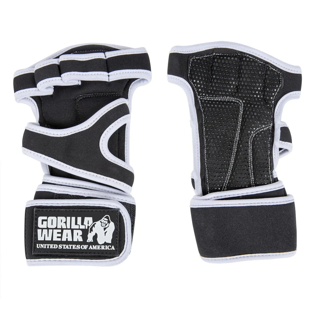 Gorilla Wear Yuma Weightlifting Workout Gloves Black/White, avskalade svarta och vita träningshandskar med handledsstöd.