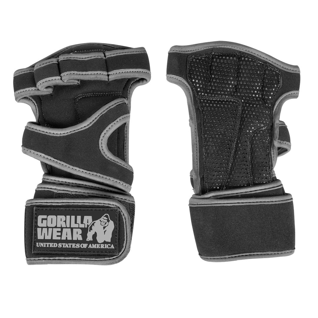 Gorilla Wear Yuma Weightlifting Workout Gloves Black/Grey, luftiga svarta träningshandskar med handledsstöd.