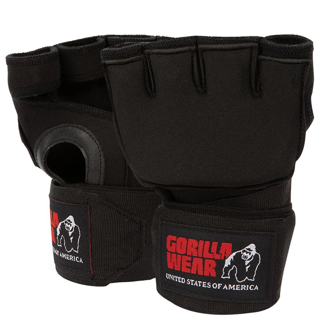 Svarta Gorilla Wear Gel Glove Wraps med röda och vita detaljer, designade för optimalt skydd under boxningsträning.