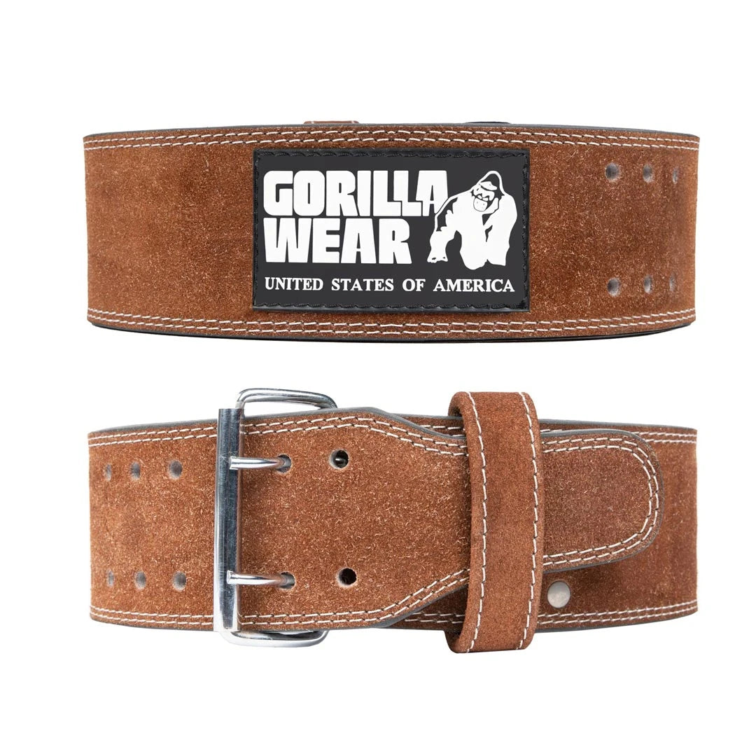 Gorilla Wear 4 Inch Powerlifting Belt Brown i robust brunt läder med stålspänne och svart logotyp.