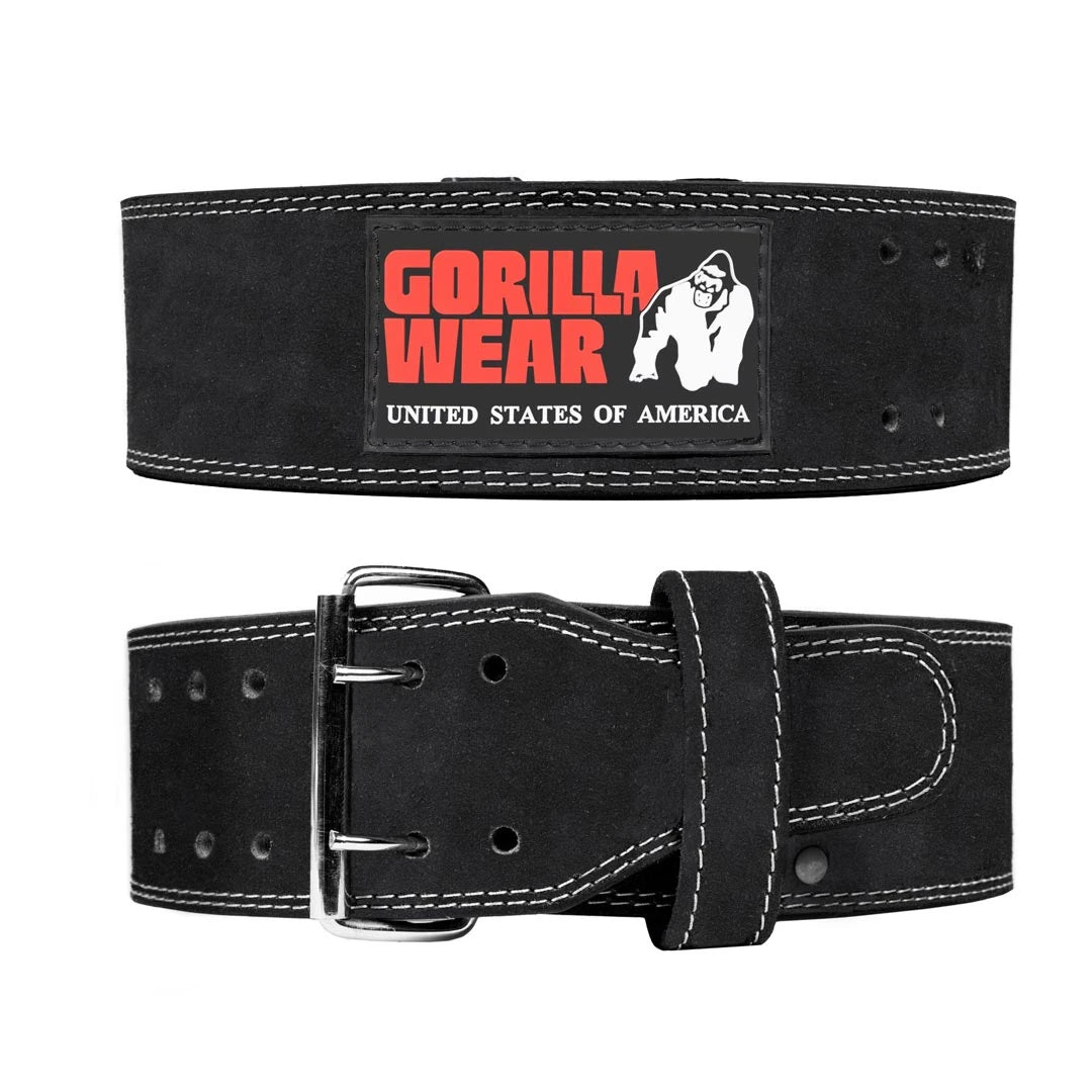 Gorilla Wear 4 Inch Powerlifting Belt Black, ett robust svart träningsbälte i läder med röd logga och kraftigt stålspänne.