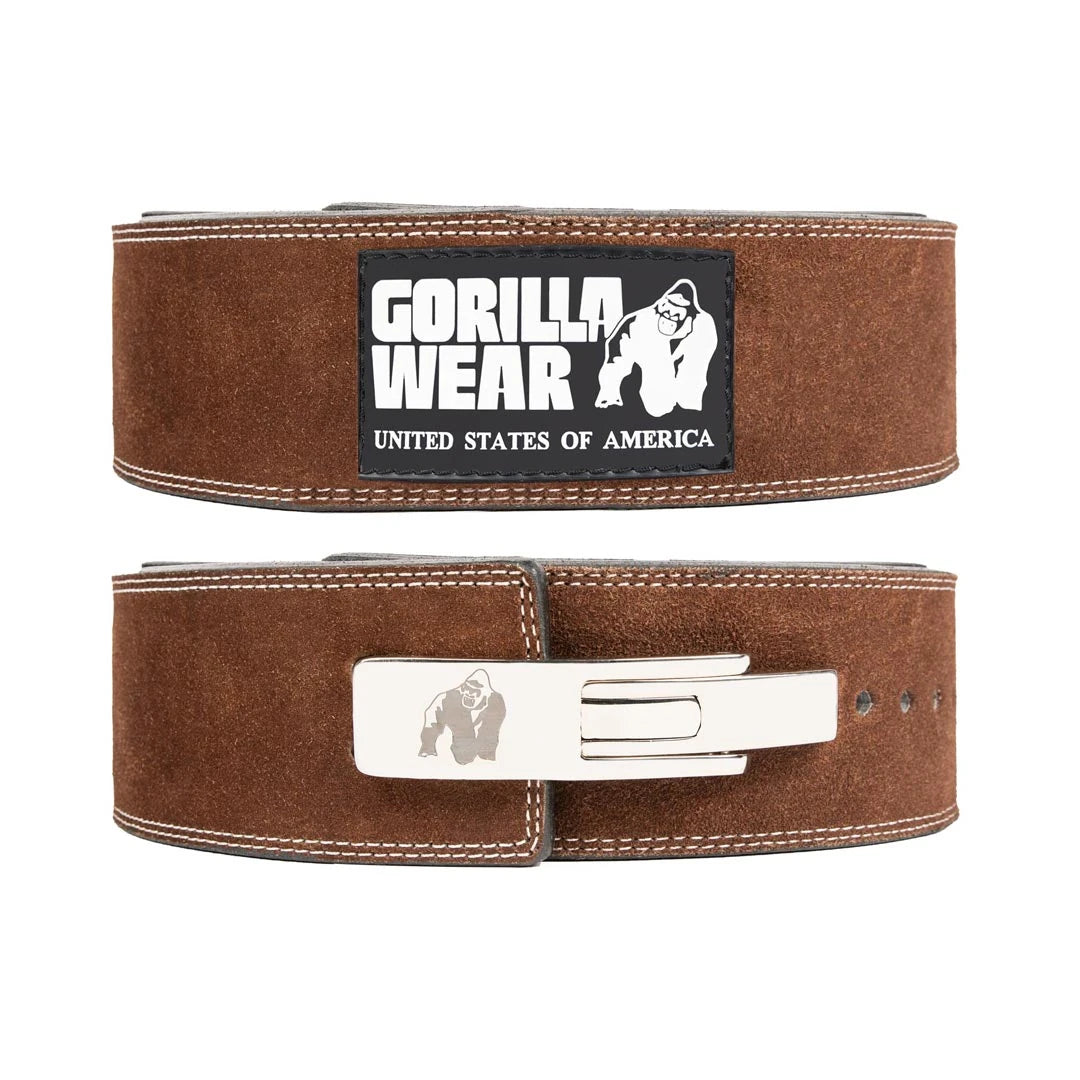 Gorilla Wear 4 Inch Powerlifting Lever Belt Brown i brunt läder med vita sömmar och ett rejält metallspänne.