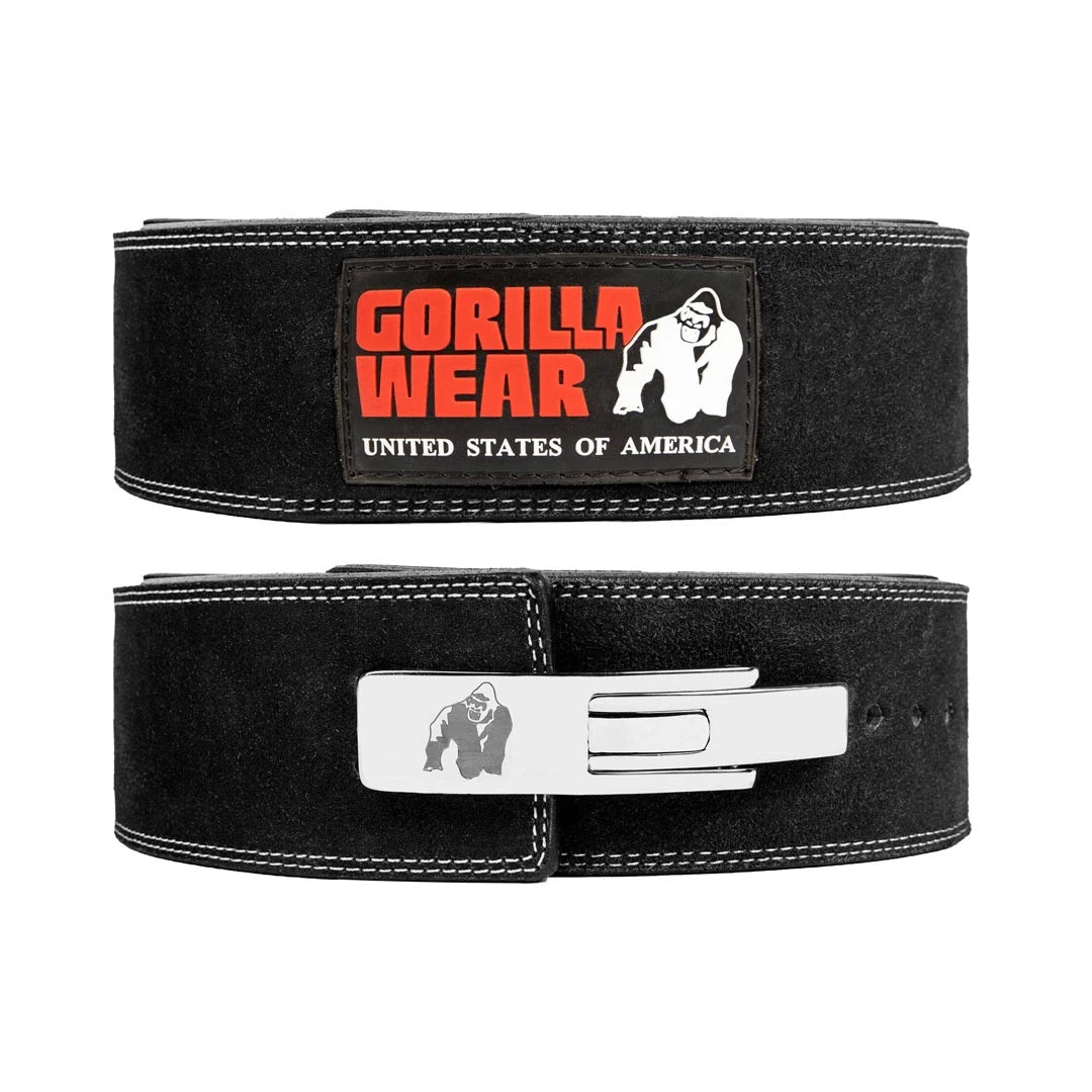 Gorilla Wear 4 Inch Powerlifting Lever Belt Black i svart läder med vita sömmar och silverfärgat snabbspänne.