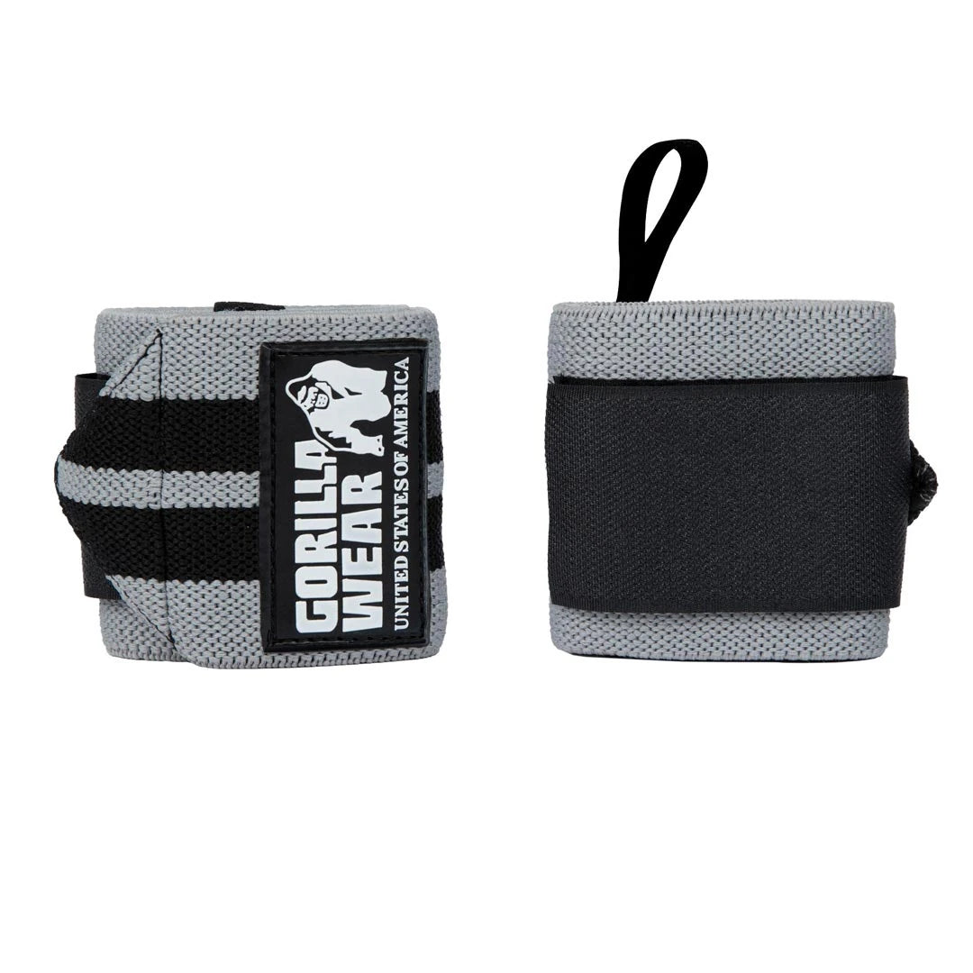 Grå och svarta Gorilla Wear Wrist Wraps Pro med en framträdande logotyp, designade för maximalt stöd under tunga lyft.
