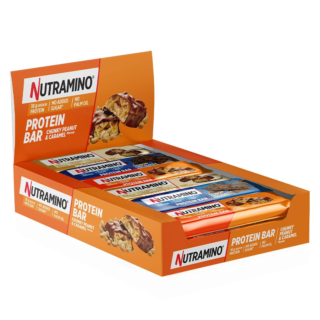 12 x Nutramino Protein Bar 55 g Mixlåda i en orange displaylåda med proteinbars i flera olika smaker., bild 1 av 1