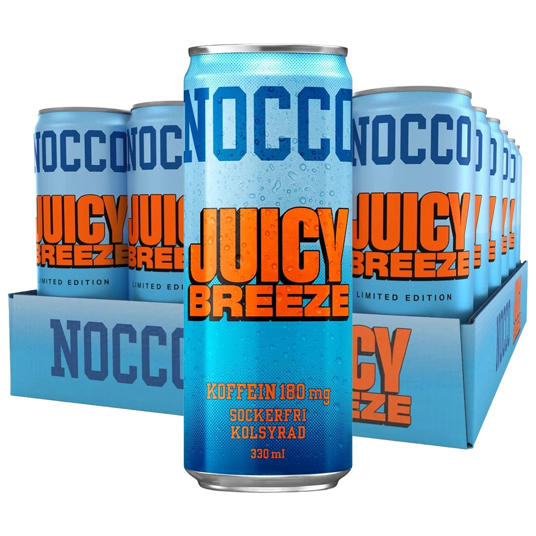 24 x NOCCO BCAA 330 ml Juicy Breeze i ett ljusblått flak med matchande energidrycksburkar och orange text.