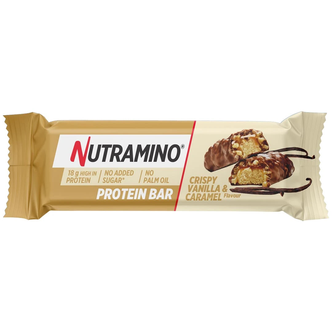 Nutramino Protein Bar 55 g i en beige och vit förpackning med smaken Crispy Vanilla &amp; Caramel., bild 3 av 3
