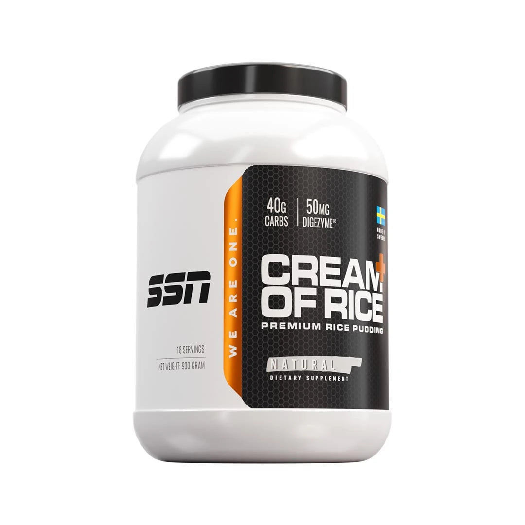 SSN Cream of Rice+ 900 g i en vit burk med svart och orange etikett för smaken Natural.
