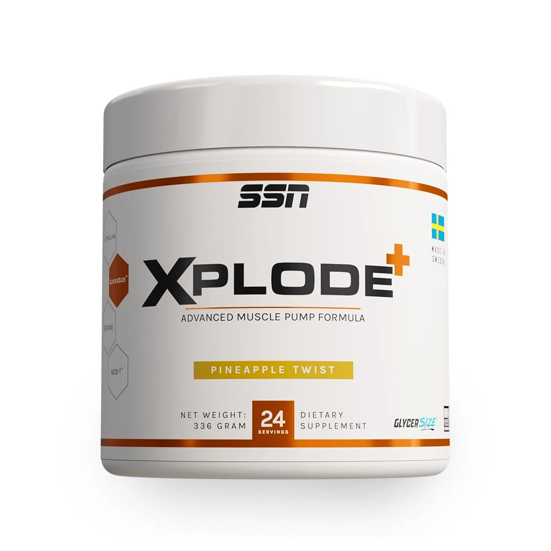 SSN Xplode+ 336 g koffeinfri PWO i en vit burk med orangea detaljer för smaken Pineapple Twist.