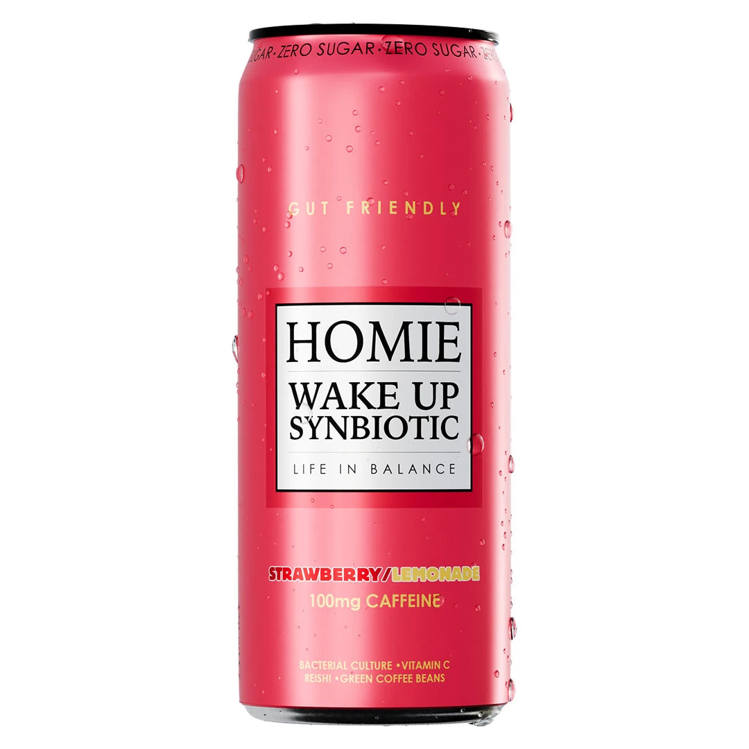Homie Wake Up Synbiotic 330 ml energidryck i en rosa burk med vattendroppar för smaken Strawberry Lemonade.
