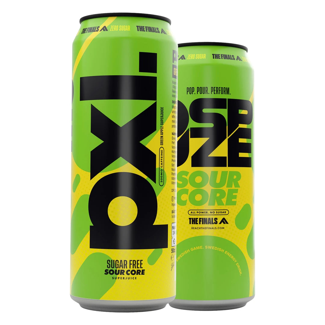 PXL Energy Final Fantasy 500 ml kolsyrad dryck i gröna och gula burkar för smaken Sour Core.