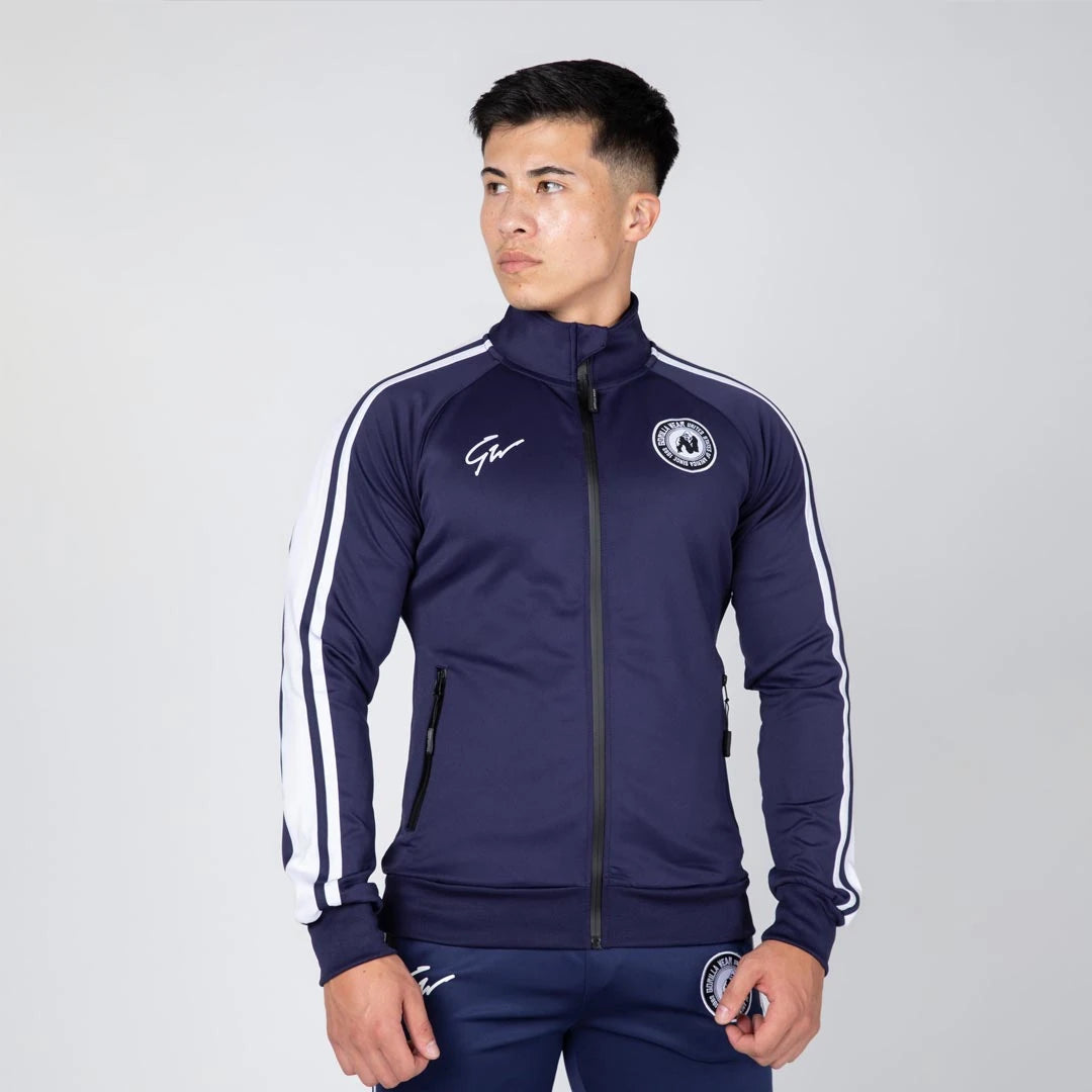 Gorilla Wear Stratford Track Jacket Navy, en marinblå träningsjacka i slim fit med vita revärer och dragkedja., bild 2 av 8
