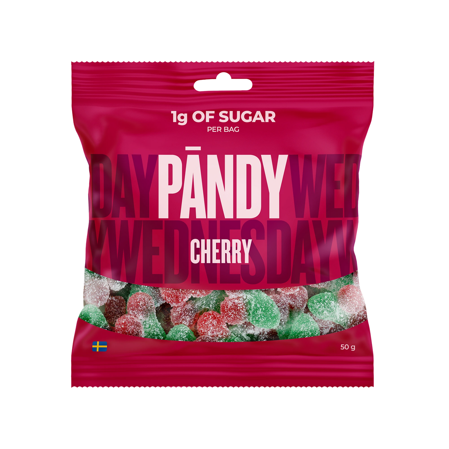 Pändy Candy 50 g Cherry by Klara i en rosa påse fylld med körsbärsformat gelégodis., bild 1 av 1