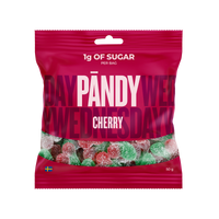 Pändy Candy 50 g Cherry by Klara i en rosa påse fylld med körsbärsformat gelégodis.