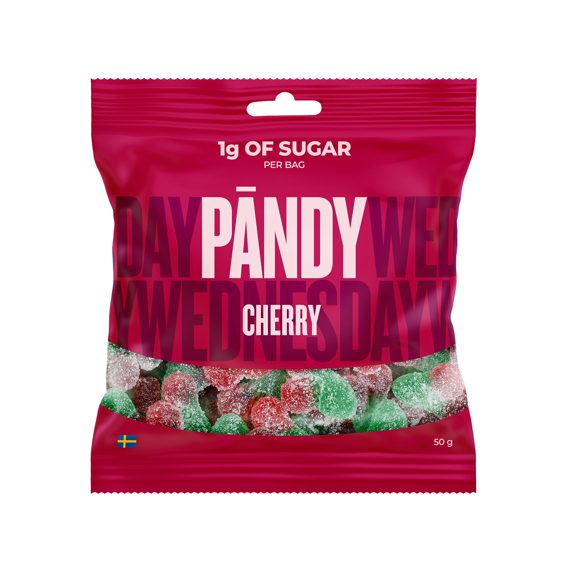 Pändy Candy 50 g Cherry by Klara i en rosa påse fylld med körsbärsformat gelégodis., bild 1 av 1