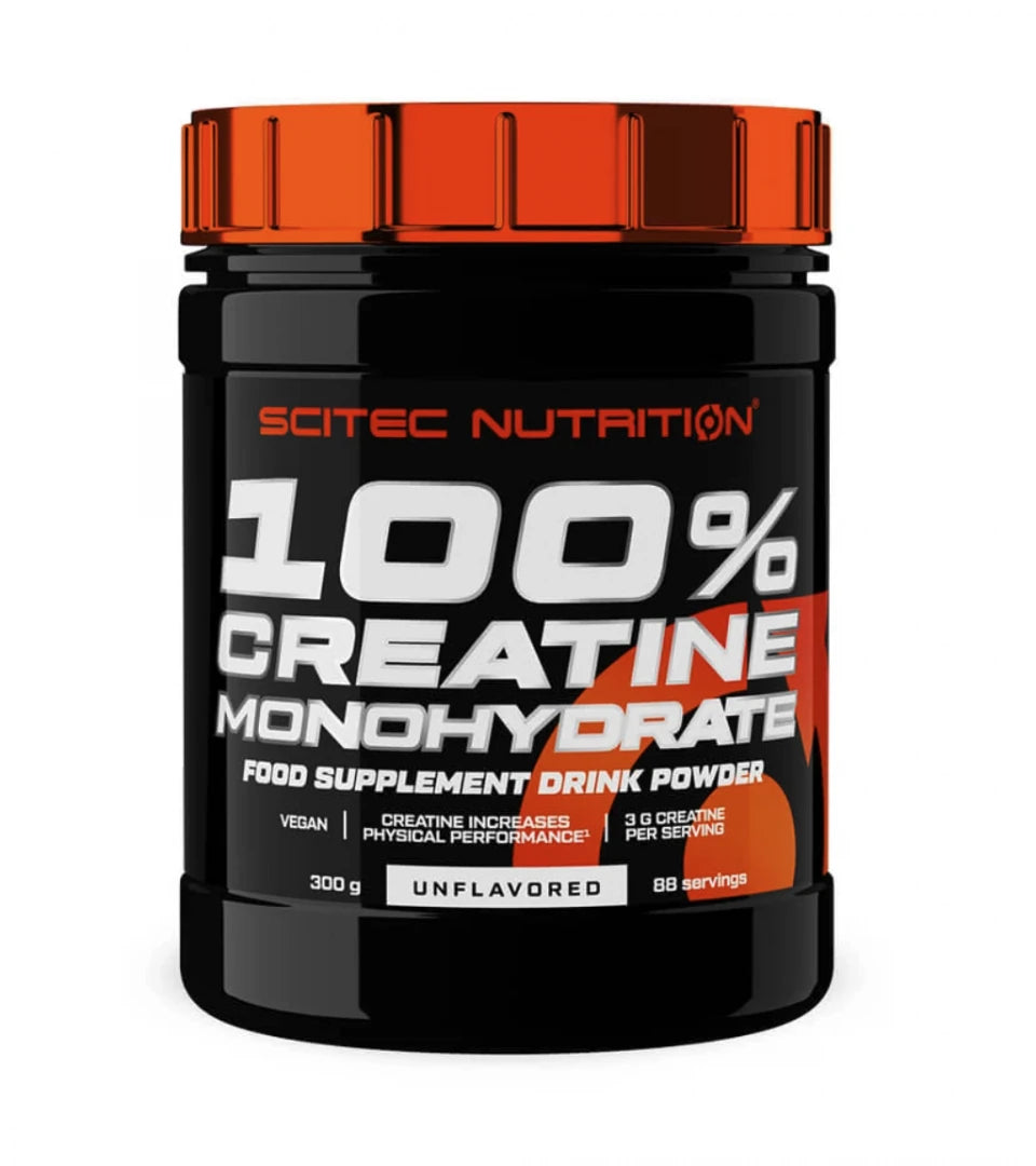 Scitec Nutrition 100% Creatine 300 g i en svart burk med ett metallic orange lock och vit text.
