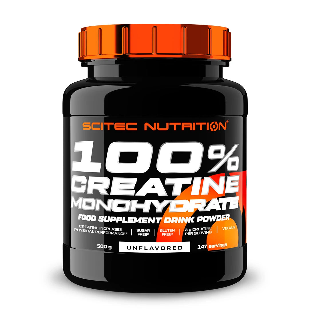 Scitec Nutrition 100% Creatine 500 g, ett naturellt kreatinpulver i en svart burk med orange lock.