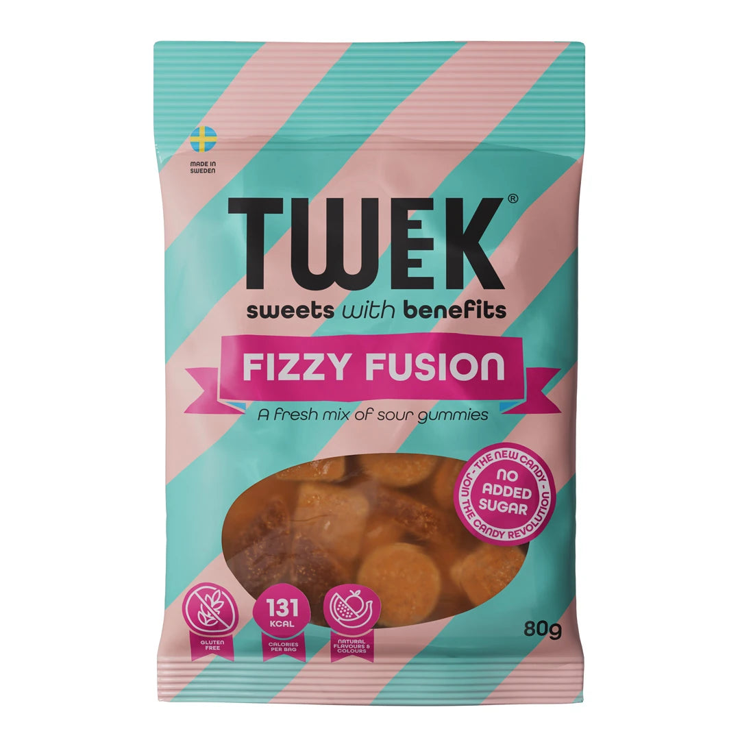 Tweek Sweets 80 g godis i en ljusblå och rosa randig påse för smaken Fizzy Fusion.