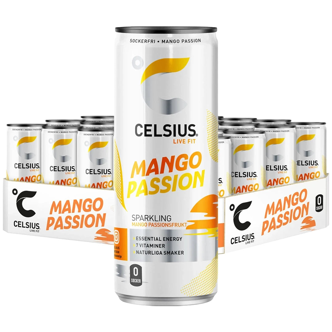 24 x Celsius 355 ml Mango Passion i ett vitt flak med matchande vita energidrycksburkar med gulorange detaljer.