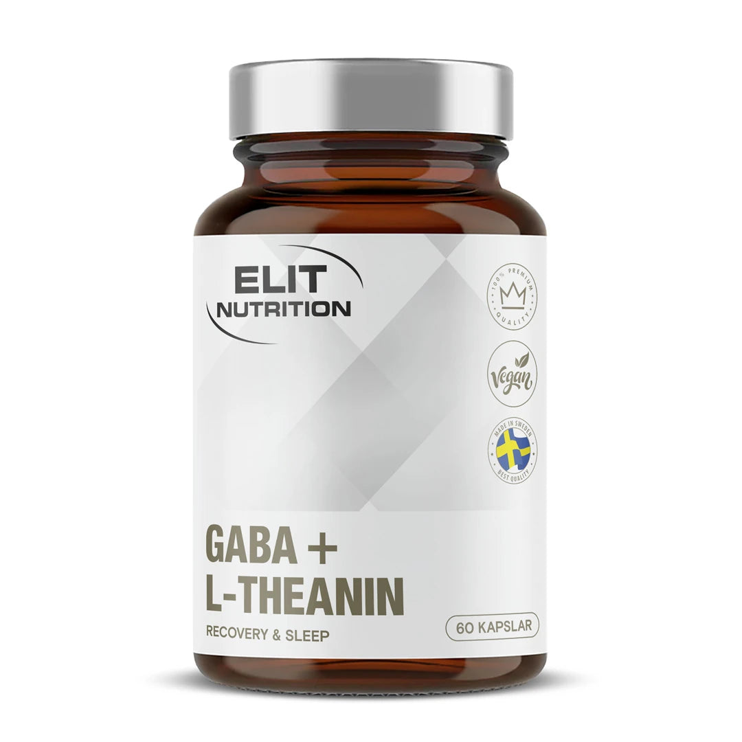 Elit Nutrition GABA + L-Theanine 60 caps kosttillskott i en mörkbrun burk med vit etikett och silvrigt lock.