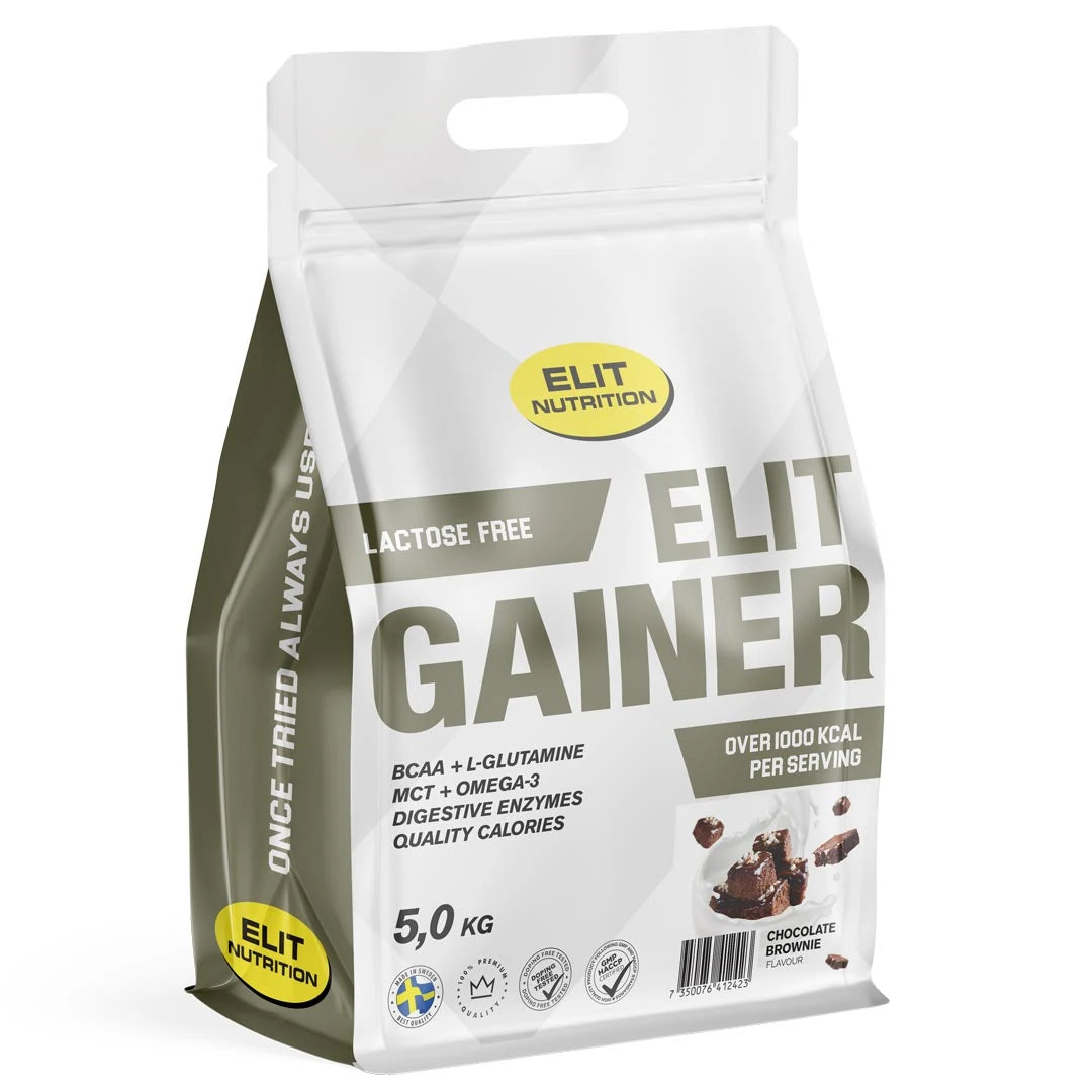 Elit Nutrition Gainer - Lactose Free 5 kg i en vit och grå påse med smaken Chocolate Brownie.