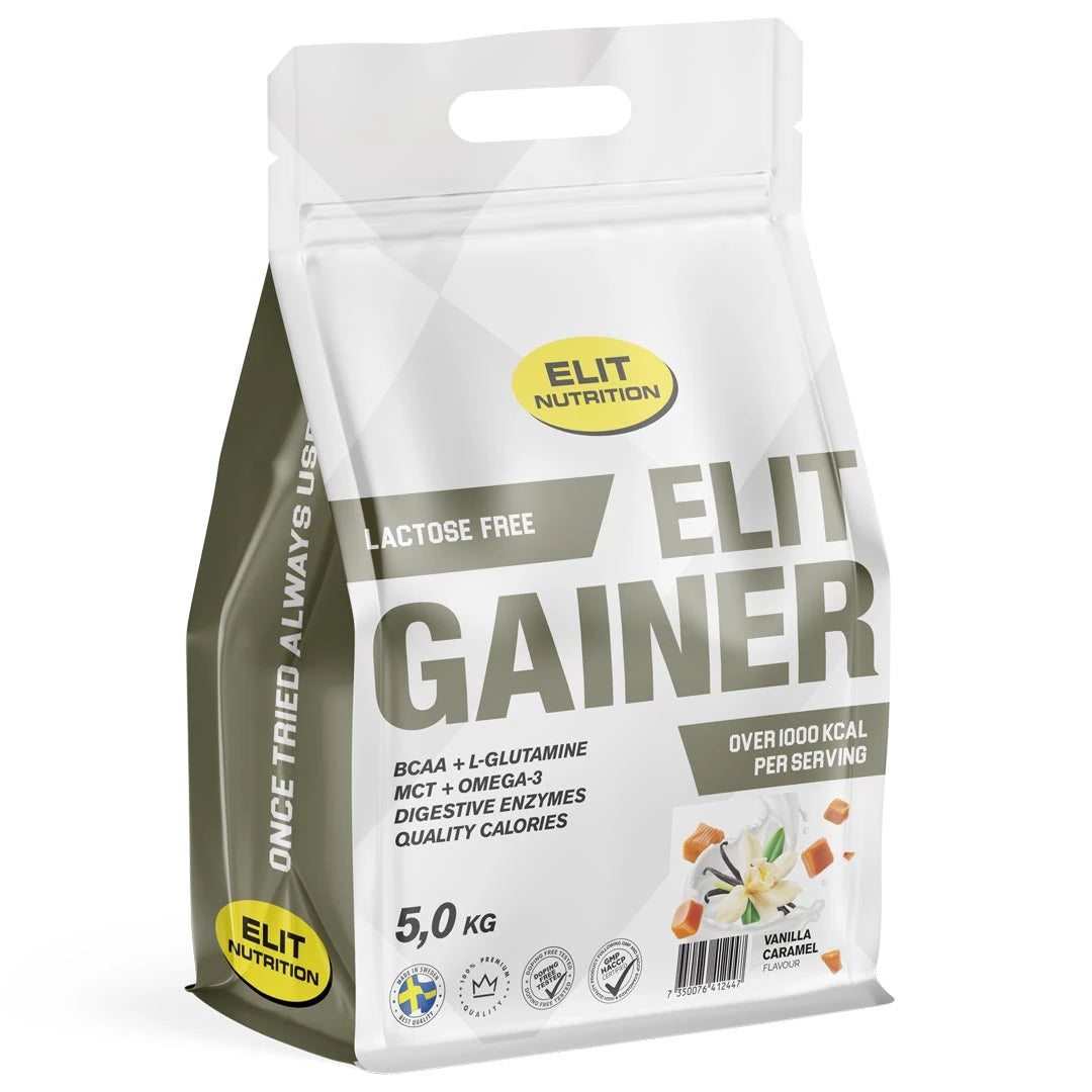 Elit Nutrition Gainer - Lactose Free 5 kg i en vit och grå påse för smaken Vanilla Caramel.