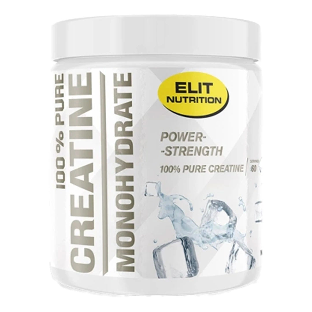Elit Nutrition 100% Pure Creatine Monohydrate 300 g i en vit burk med grå text och isbitar på etiketten.
