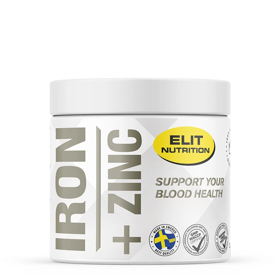 Elit Nutrition Iron + Zinc 60 caps mineraltillskott i en vit plastburk med grå text och gul logotyp.