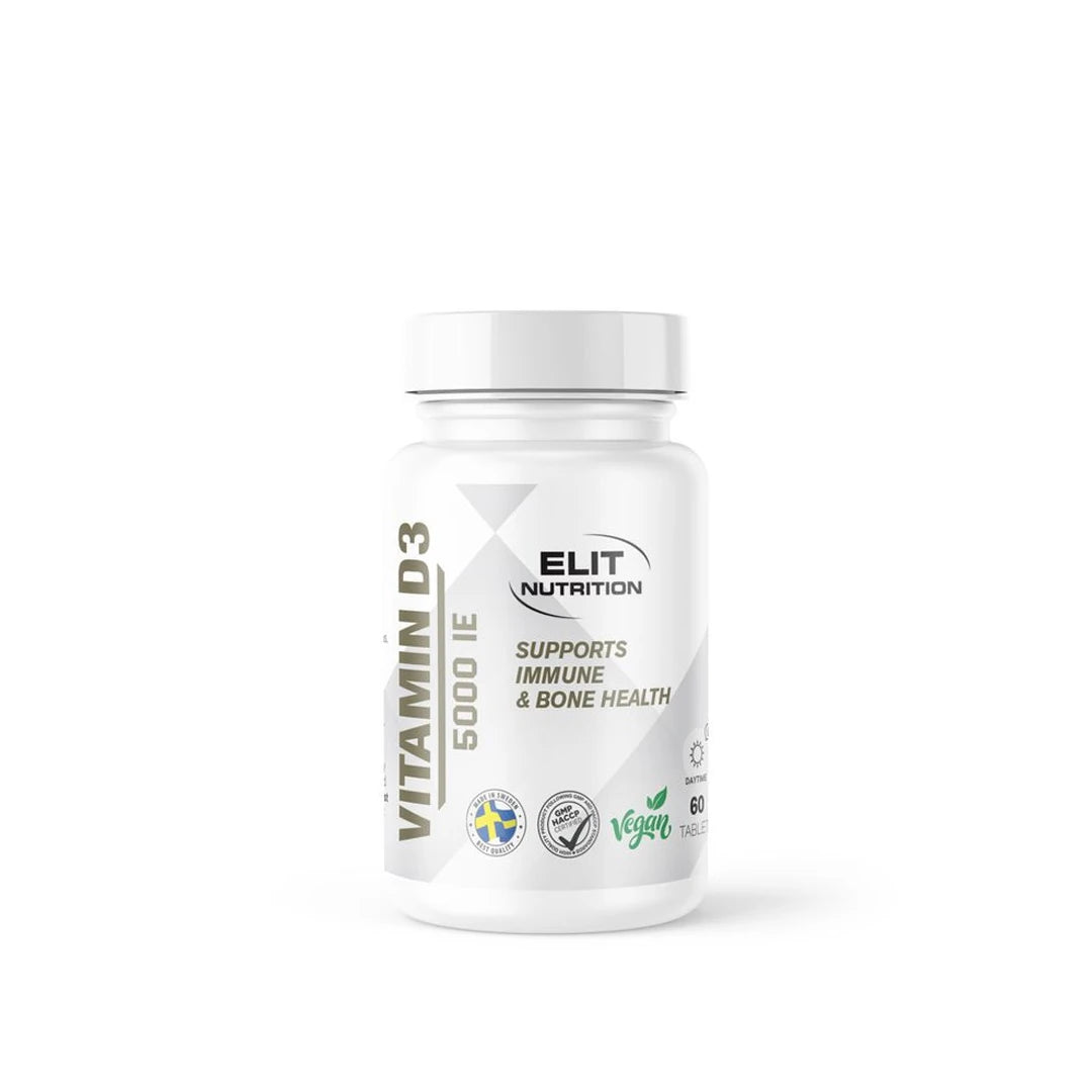 Elit Nutrition Vitamin D 60 tabs i en vit plastburk med stilren etikett och text för immun- och benhälsa.