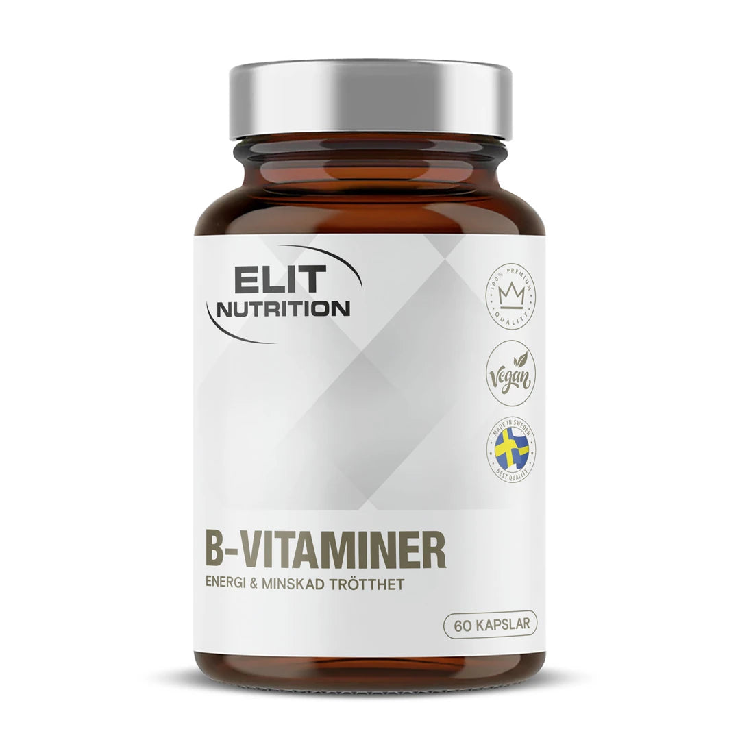 Elit Nutrition B-Complex 60 caps i en brun plastburk med silverlock och vit etikett.